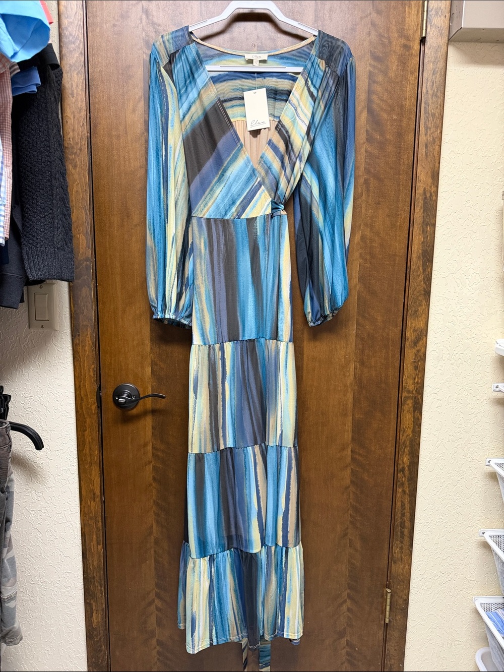Elan Blue and Yellow Striped Wrap Maxi Dress